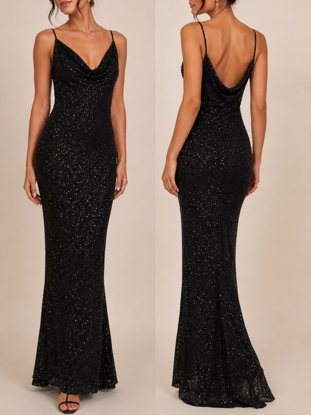 Black Beaded Silk Dress with Spaghetti Straps and Cowl neck